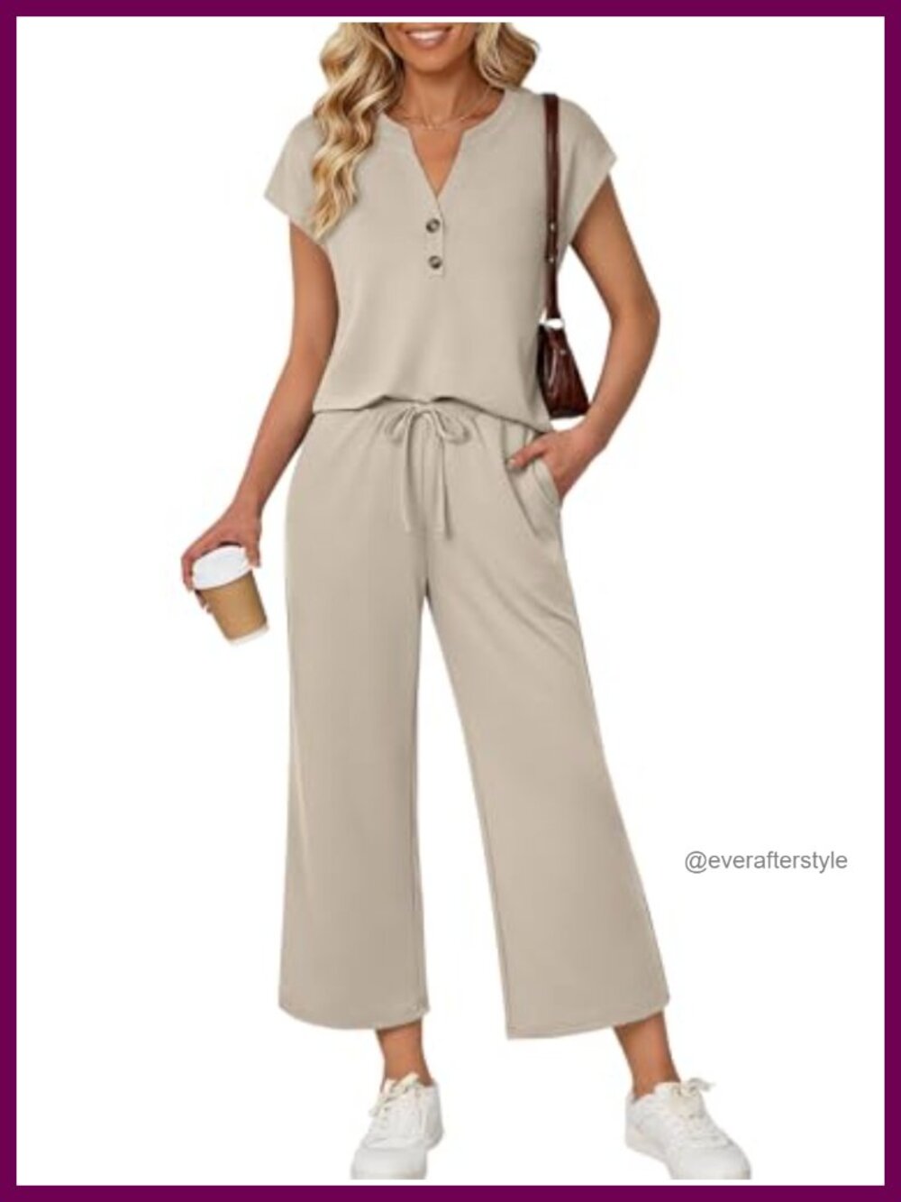 Womens 2 Piece Lounge Set V-Neck Top Wide Leg Crop Pants Relaxed Fit